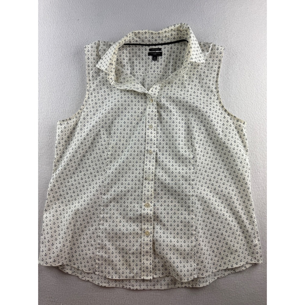 Talbots Petites Womens 14P White Navy Anchor Print Sleeveless Button Down Blouse